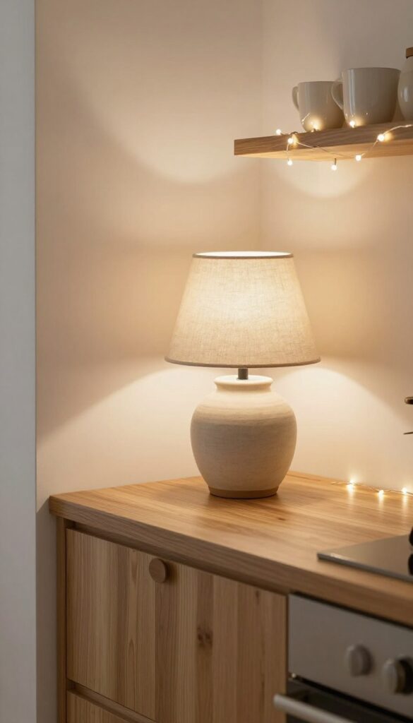 Cozy kitchen with soft lighting from a ceramic lamp and fairy lights