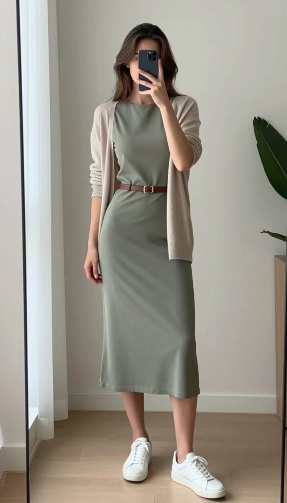 A woman in a midi dress and white sneakers takes a mirror selfie, showcasing a casual professional outfit with a cardigan and belt.