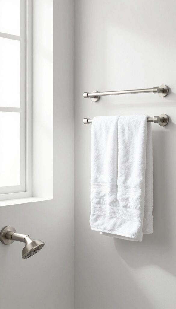 A modern bathroom with matching brushed nickel shower fixtures and towel bars, showcasing cohesive design in bright natural light.