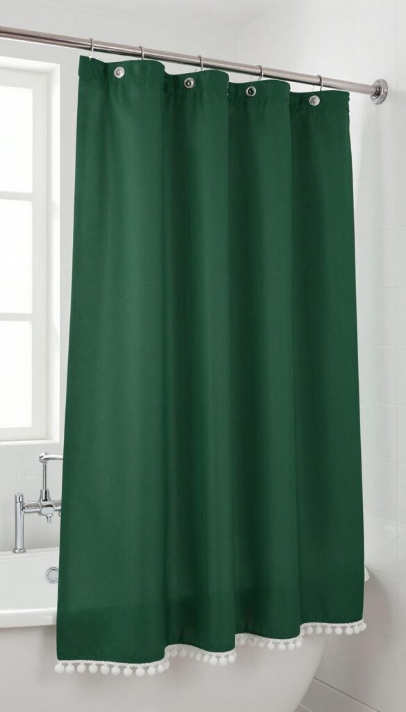 Dark green shower curtain with white pom-pom trim in a bright, clean bathroom.