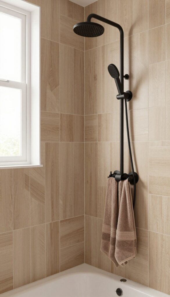 A cozy bathroom shower featuring wood-look tiles in a herringbone pattern with matte black fixtures and natural lighting