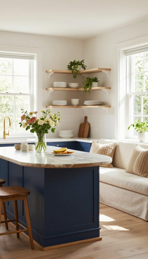 Round kitchen island with a cozy banquette seating area, bright natural light, clean composition