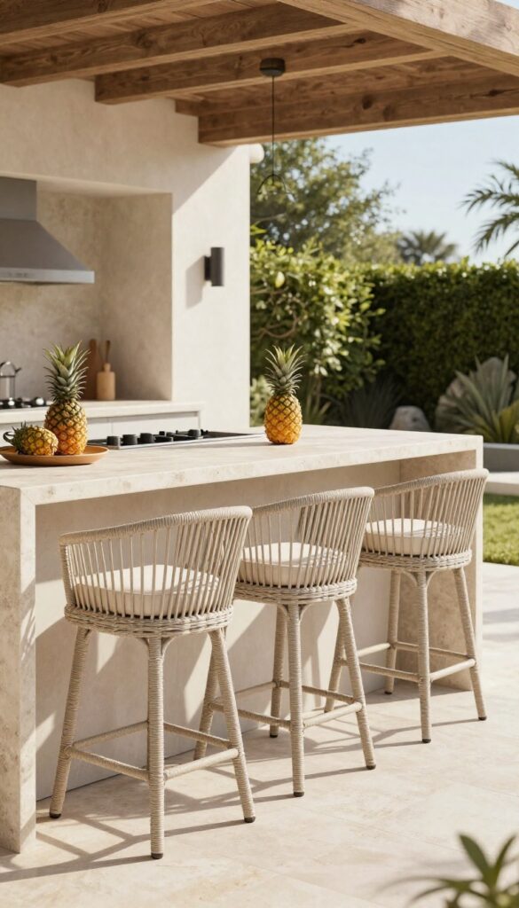 Modern outdoor kitchen with weather-resistant rattan bar stools in light neutral tones, stone countertop, and soft cream cushions under a pergola.
