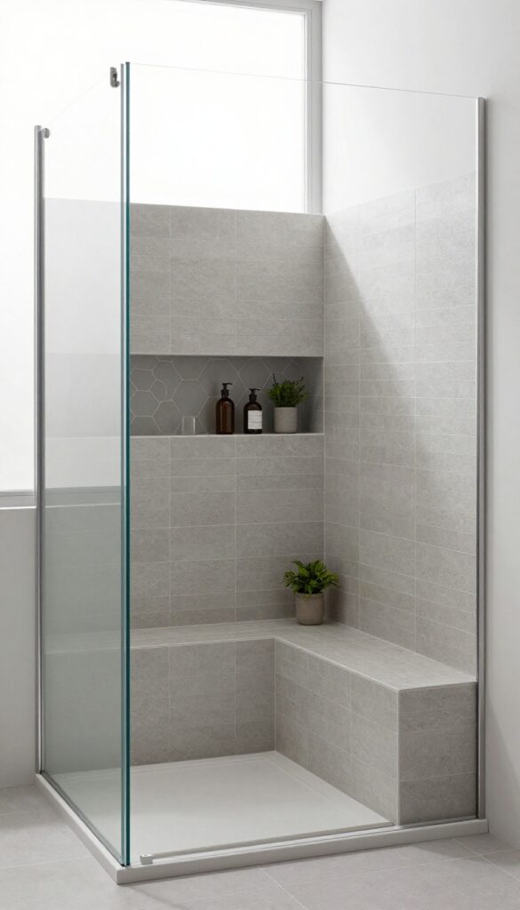 Walk-in shower with a bench and built-in storage niche, featuring contrasting tiles and neatly arranged toiletries.