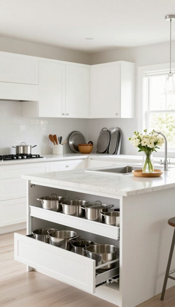 Modern kitchen with smart storage solutions including pull-out drawers, vertical dividers, and corner cabinet, clutter-free countertops, bright natural light.