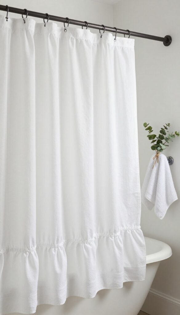 White ruffled cotton shower curtain in a bright farmhouse bathroom with matte black hardware and eucalyptus bundle