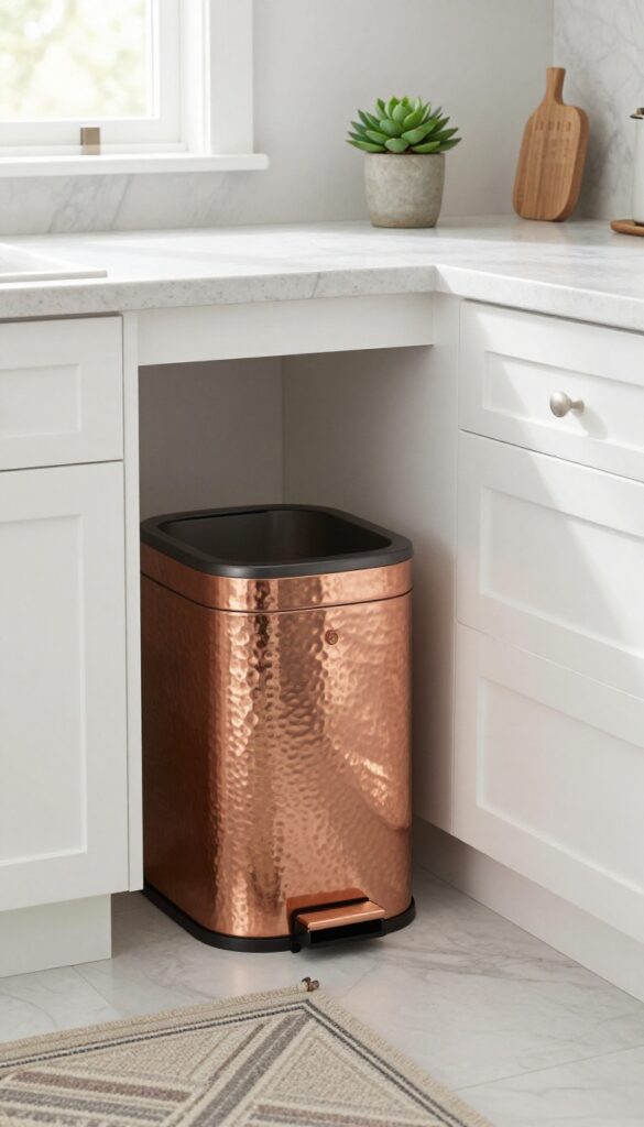 A step trash can with a hammered copper finish in a bright, elegant kitchen with white cabinets and marble countertops.