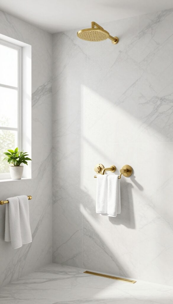 Marble-look pony wall with brass accents in a bright bathroom