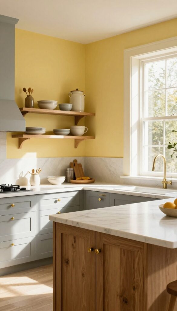 Bright kitchen with butter yellow walls and soft gray cabinets, natural wood island, and brass hardware.