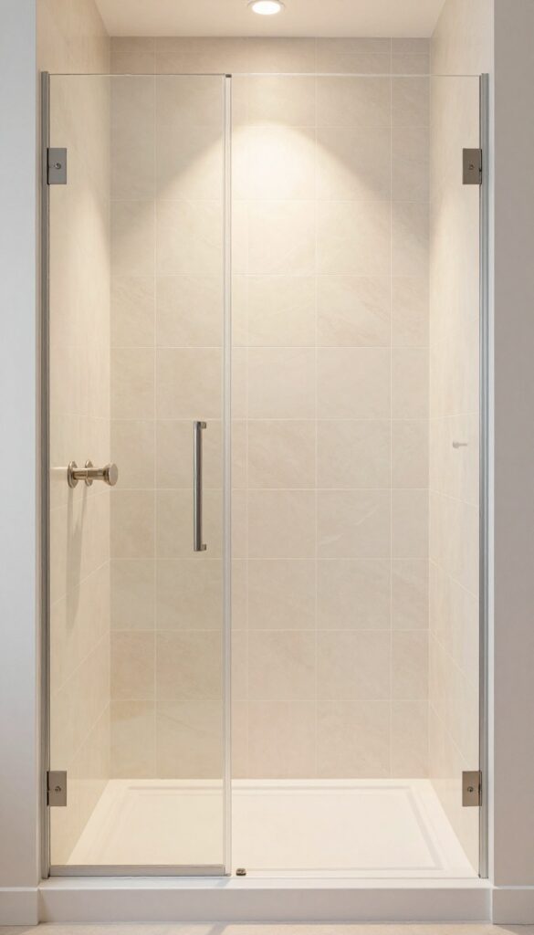 Vertical stacked champagne glass tile shower with warm metallic sheen and modern fixtures