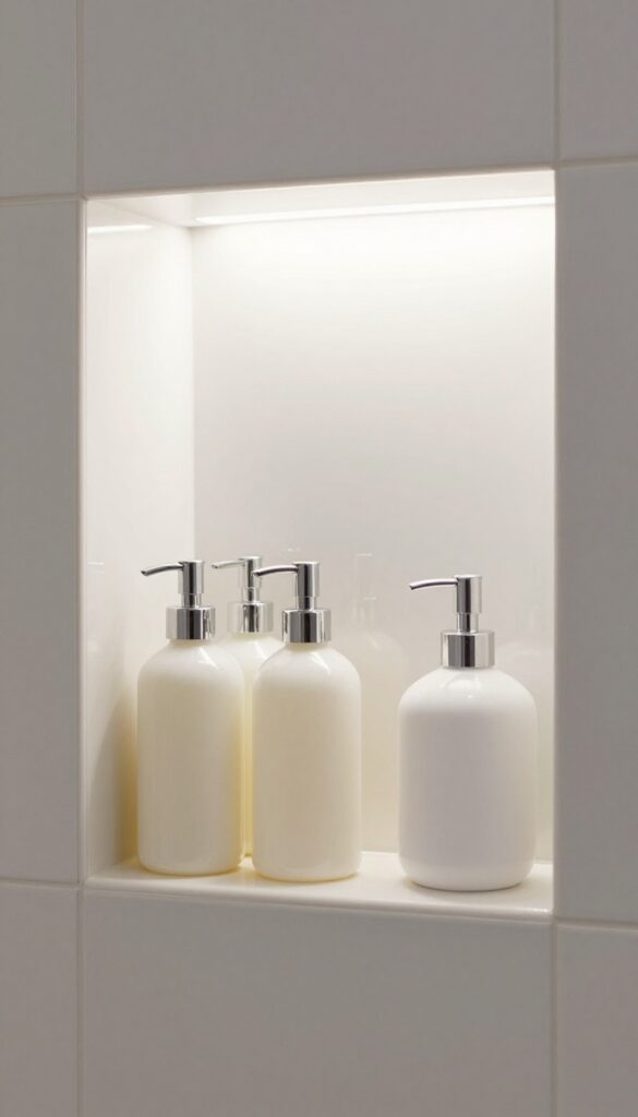 Recessed shower niche built into tiled wall with bottles