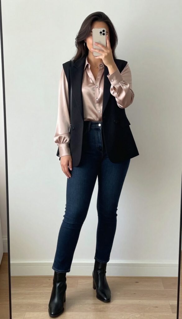 Plus-size woman taking a mirror selfie wearing dark jeans, a satin blouse, and a black blazer with block-heel ankle boots and a statement bag.