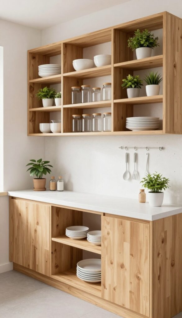 Open shelving with white concrete and birch planks in a modern Minecraft kitchen