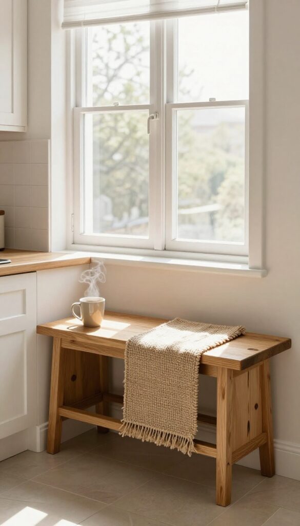 Cozy kitchen bay window with warm wood bench and natural fiber rug