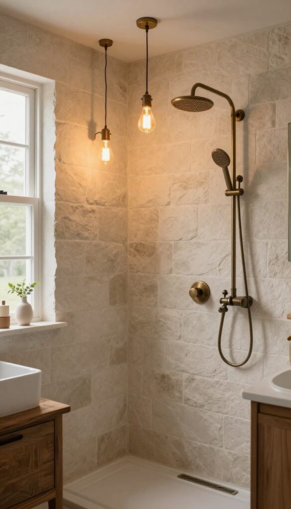 A farmhouse bathroom shower with warm Edison bulb lighting illuminating stone and wood textures in a cozy, inviting setting.