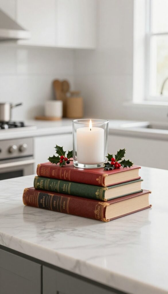 Stack of vintage books with a candle and holly on a kitchen island