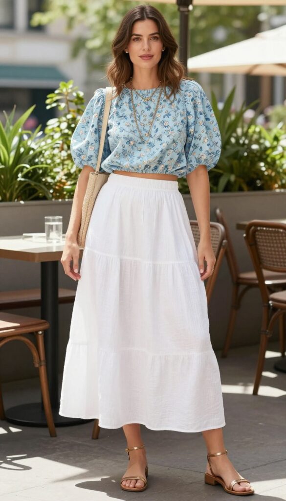 A woman wearing a white maxi skirt with a cropped blouse, accessorized with strappy sandals and layered necklaces, styled for a casual summer outing in natural light.