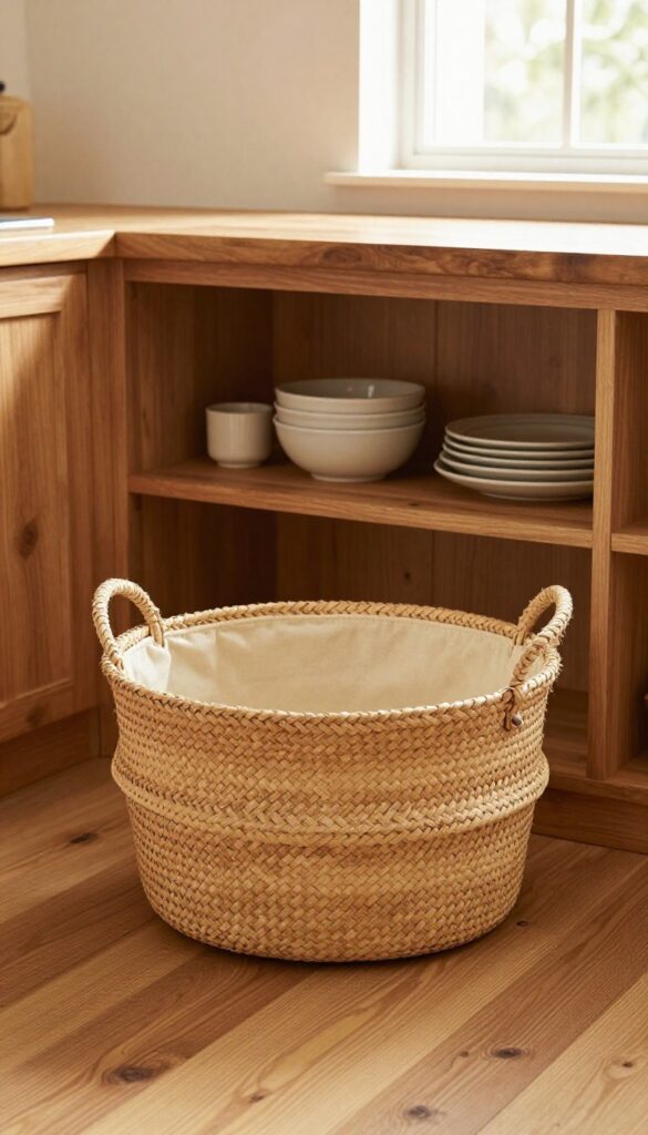 A woven seagrass basket used as a stylish kitchen trash can, placed next to a butcher block counter with natural light from a window.