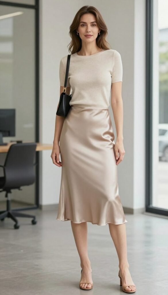 A woman wearing a midi slip skirt and knit top for a casual office summer outfit, styled with low heels and a small bag in natural light.