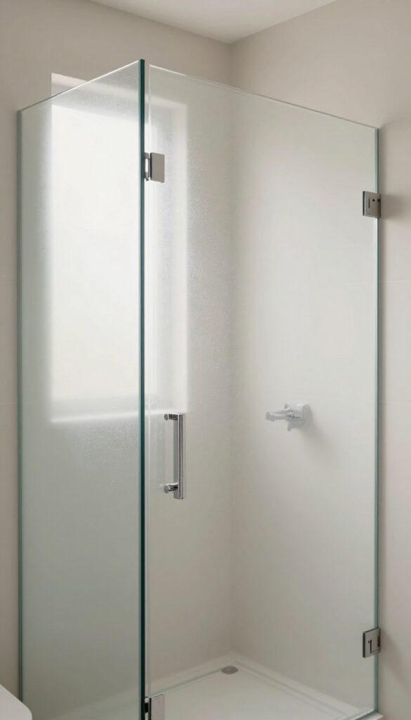 Frosted glass panels in a modern shower backsplash diffusing light softly