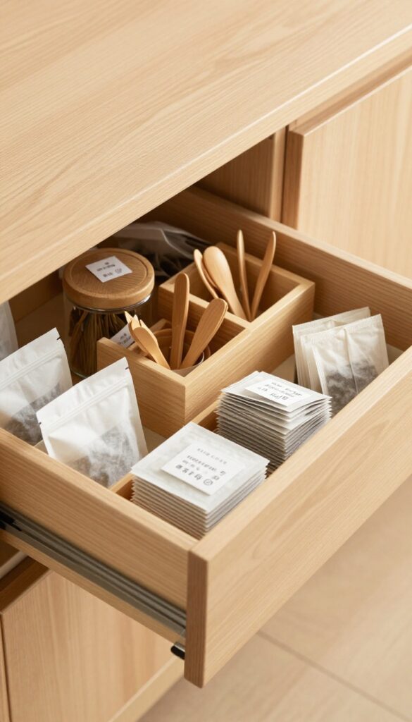 Neatly organized kitchen drawer with wooden dividers for tea bags and stirrers, soft neutral liner, bright natural light, photorealistic interior design