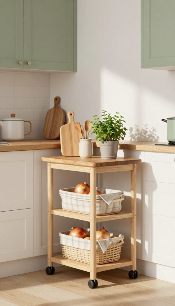 Rolling cart kitchen island with butcher-block top in a cozy small kitchen