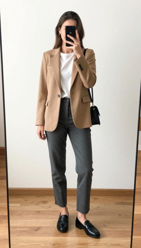A woman in a mirror selfie wearing a camel blazer over a white tee with charcoal dress pants and loafers, capturing a casual professional outfit idea.