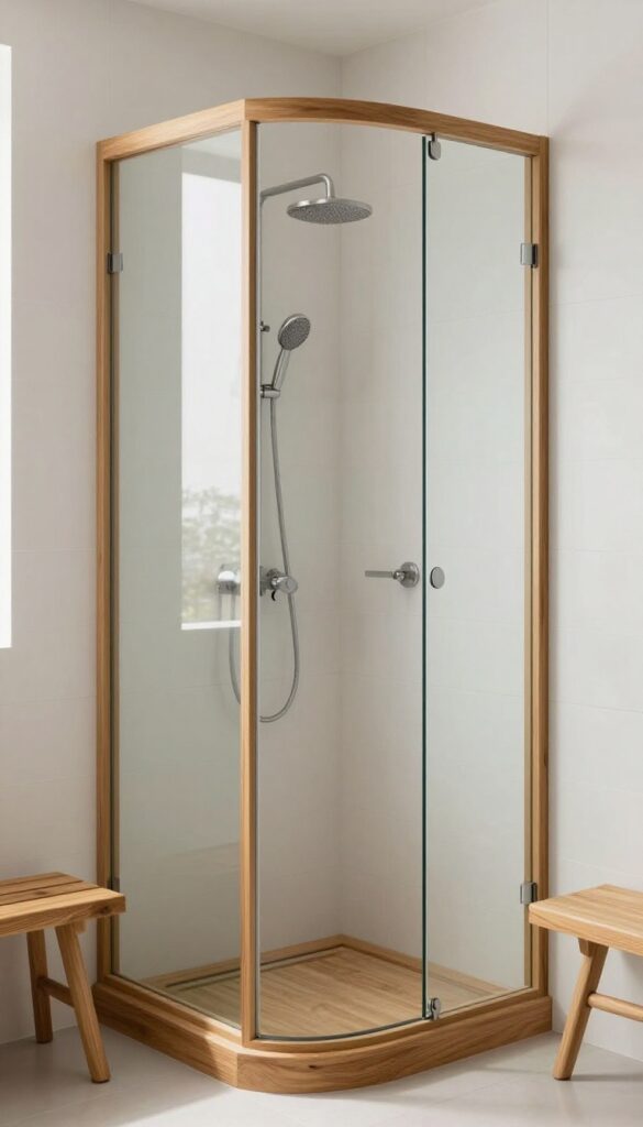 Corner glass shower with warm wood elements for contrast, including a teak bench and wood trim, in a bright, natural-lit bathroom setting.