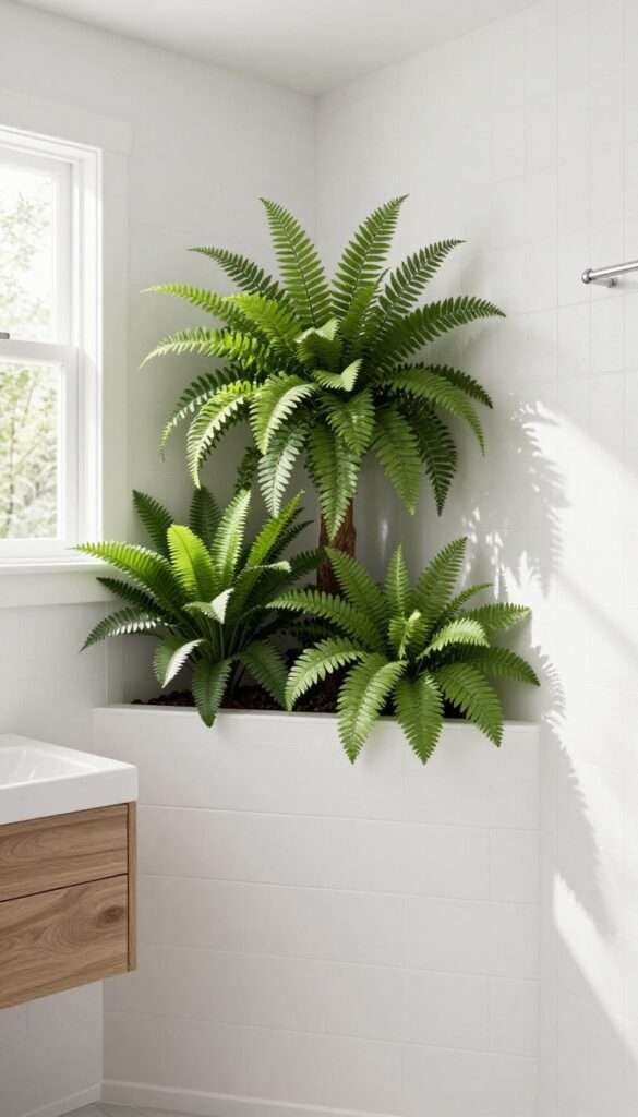 A bathroom half wall divider with a built-in planter filled with greenery, enhancing style with natural elements in bright, clean photography.