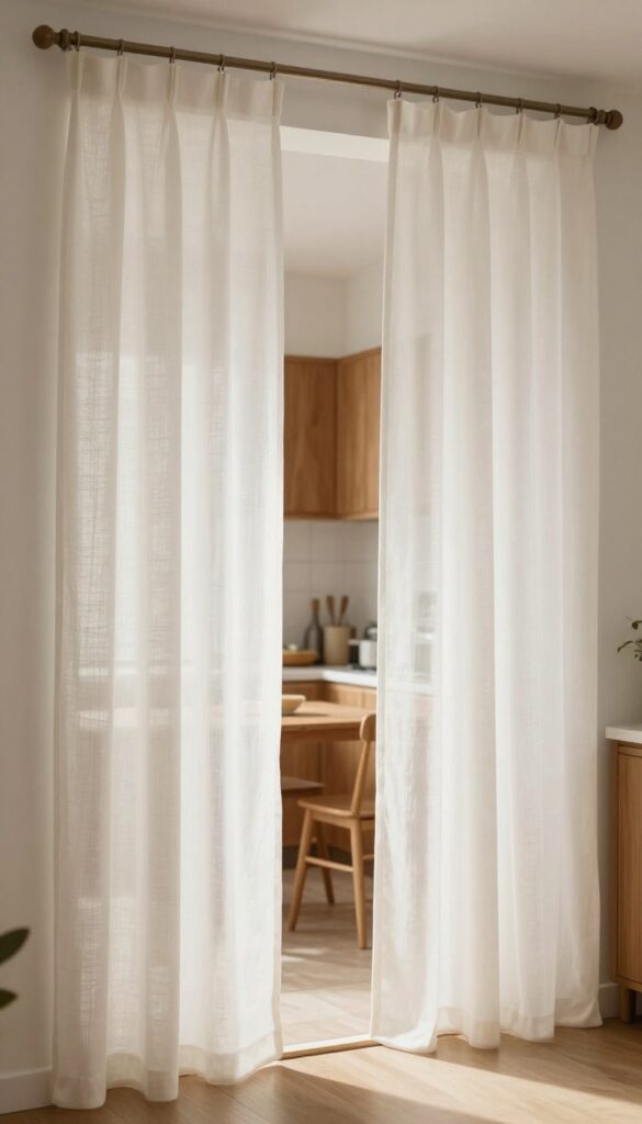 Kitchen pass through framed by soft linen curtain panels on a tension rod, warm natural light