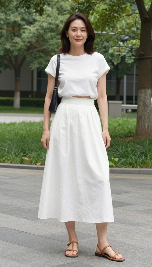 A woman wearing a long white skirt with a relaxed crop top and strappy sandals, styled for a summer outfit idea with minimal accessories and natural light.