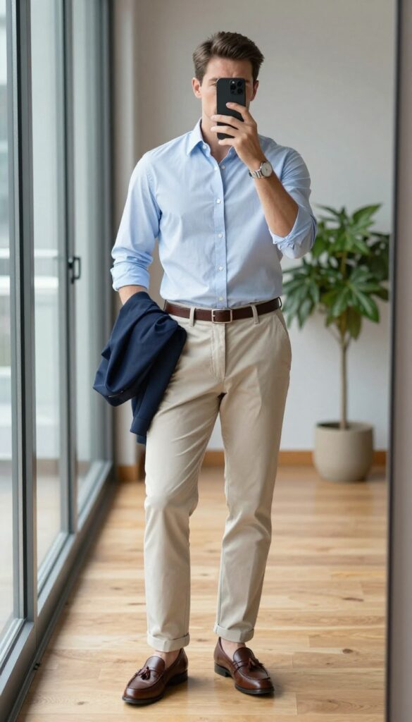 Man in light blue Oxford shirt and beige chinos taking a mirror selfie in a bright office hallway, showcasing a business casual outfit with brown loafers and a watch.