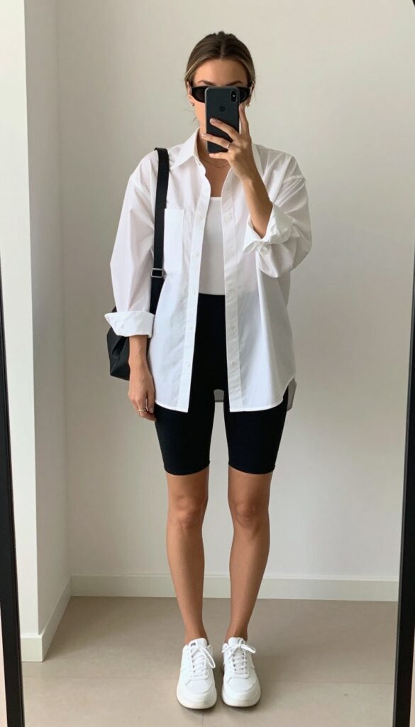 Millennial mom in oversized white button-down shirt and black bike shorts taking a mirror selfie, with chunky sneakers and mini backpack