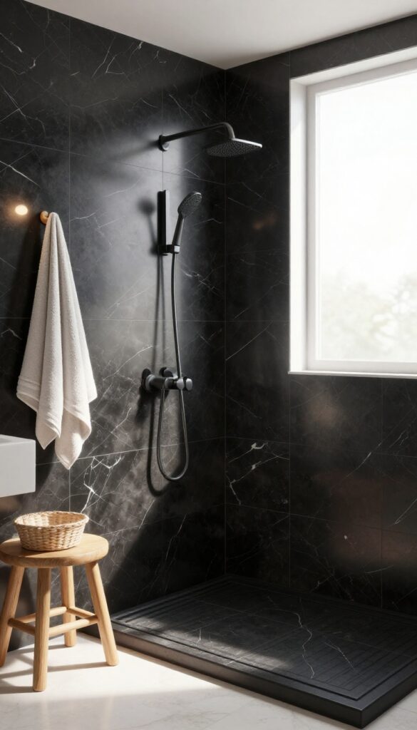 A luxurious bathroom shower with black marble tiles and subtle veining, showcasing spa-like elegance with natural light, plush towels, and wooden accents.