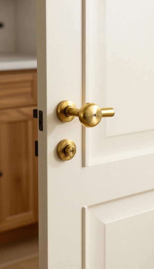 Close-up of a creamy white kitchen door with unlacquered brass knob and deadbolt, soft natural light highlighting the warm metal finish.