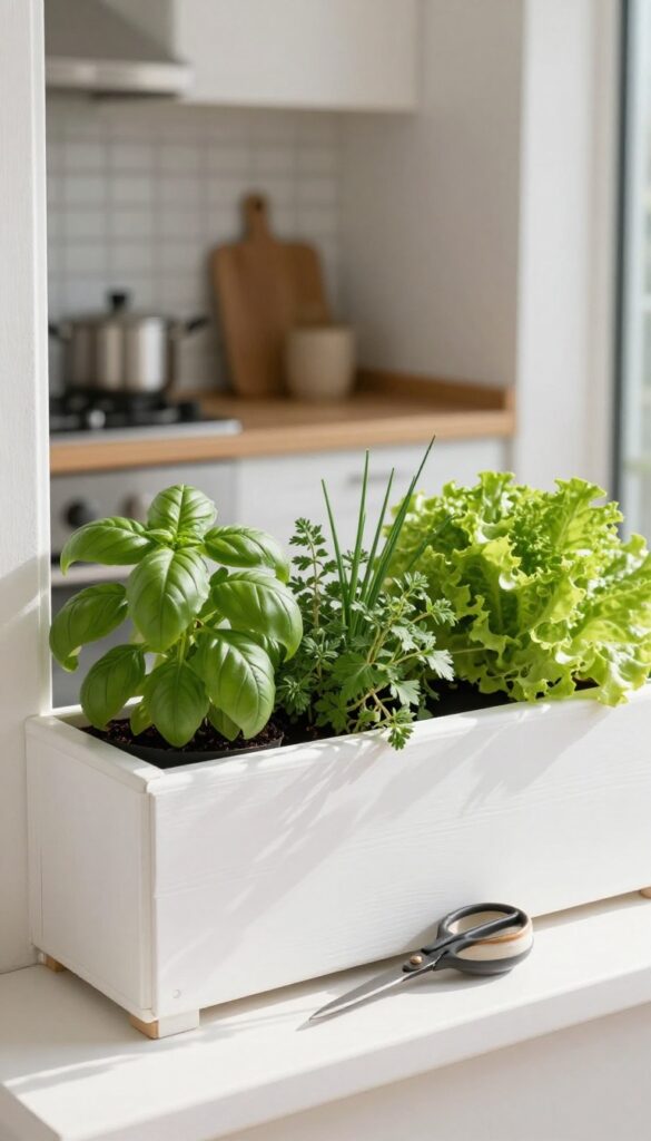 Window box kitchen garden attached to a sunny kitchen window filled with fresh herbs and greens.