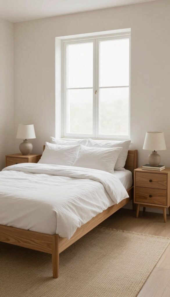 Two wooden nightstands with drawers flanking a bed, each holding a lamp and a book, in a bright, minimalist bedroom.