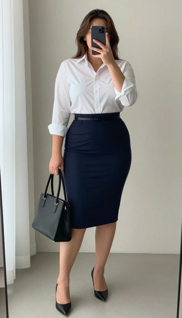 Plus-size woman in a high-waisted navy pencil skirt and white button-down shirt, taking a mirror selfie. She wears classic pumps and carries a structured handbag.