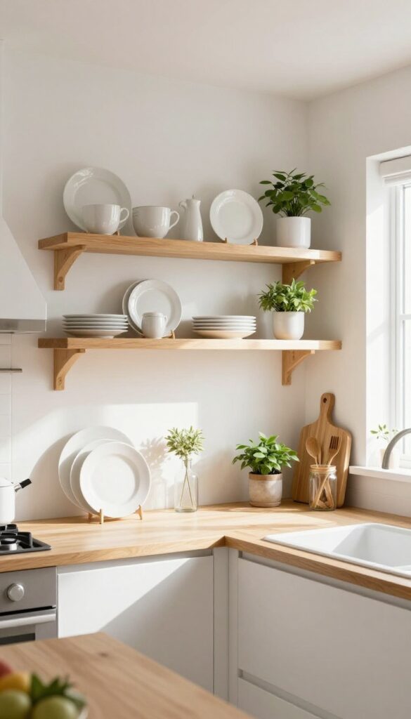 Open shelving in a bright modern kitchen with dishes and plants