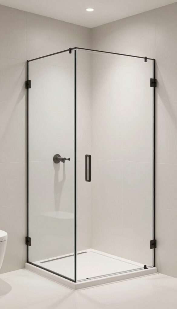 A frameless pivot door for a corner shower in a small bathroom, showing clear glass with matte black hardware and clean lines to maximize space.