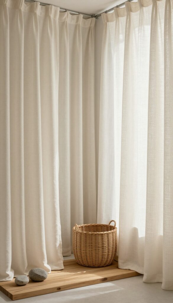 Knit fabric shower curtain panels in a walk-in shower with cozy texture and natural decor elements
