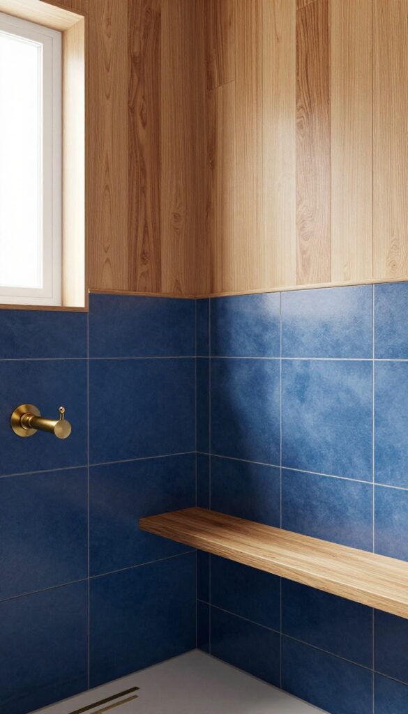 Deep blue tile wainscoting with warm wood above in a bright shower