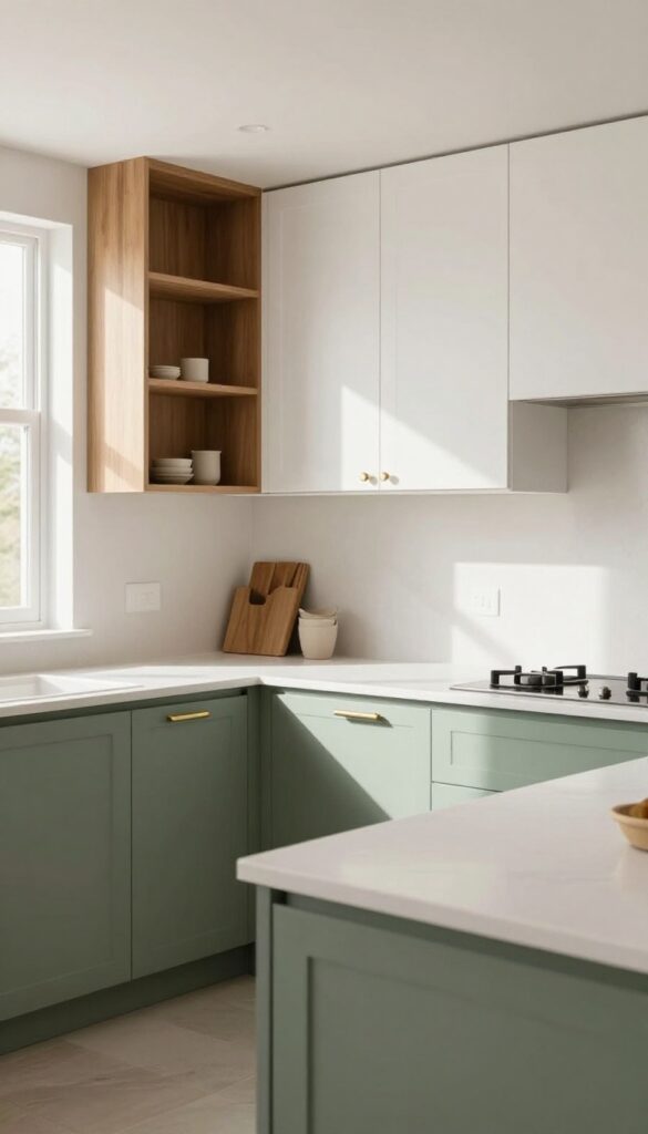 Modern kitchen with warm white upper cabinets and sage green lower cabinets, brushed brass hardware, open wood shelving, and natural light.
