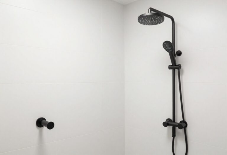 Modern bathroom with stylish rain showerhead and black matte fixtures against white tiles, creating a finished and relaxing space.