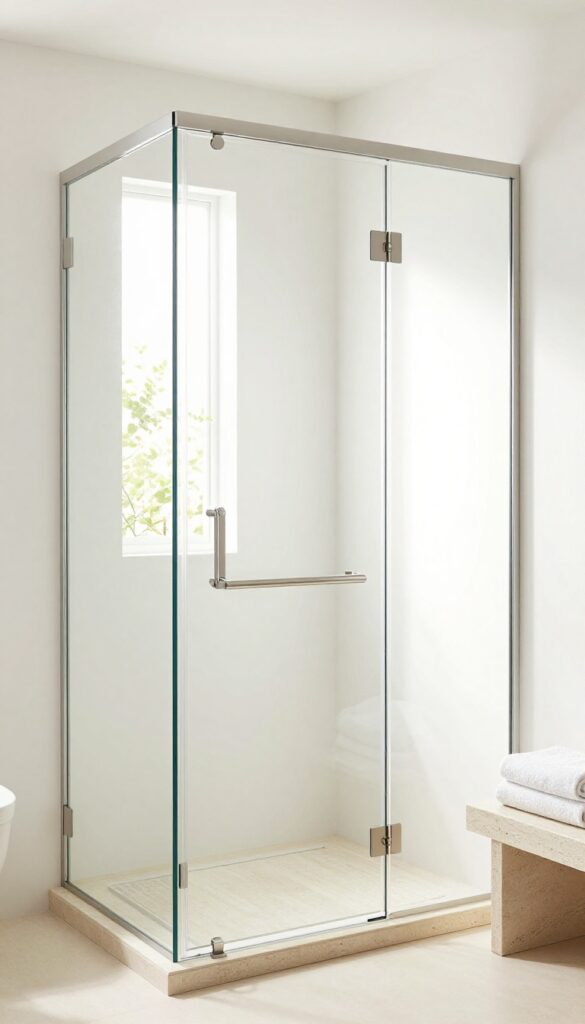 A frameless glass steam shower enclosure in a bright bathroom, showcasing an open and spacious design with natural light, minimal hardware, and cozy accents like a stone bench and towels.