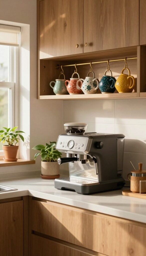 Mugs hanging under kitchen cabinets on hooks, creating a cozy coffee bar