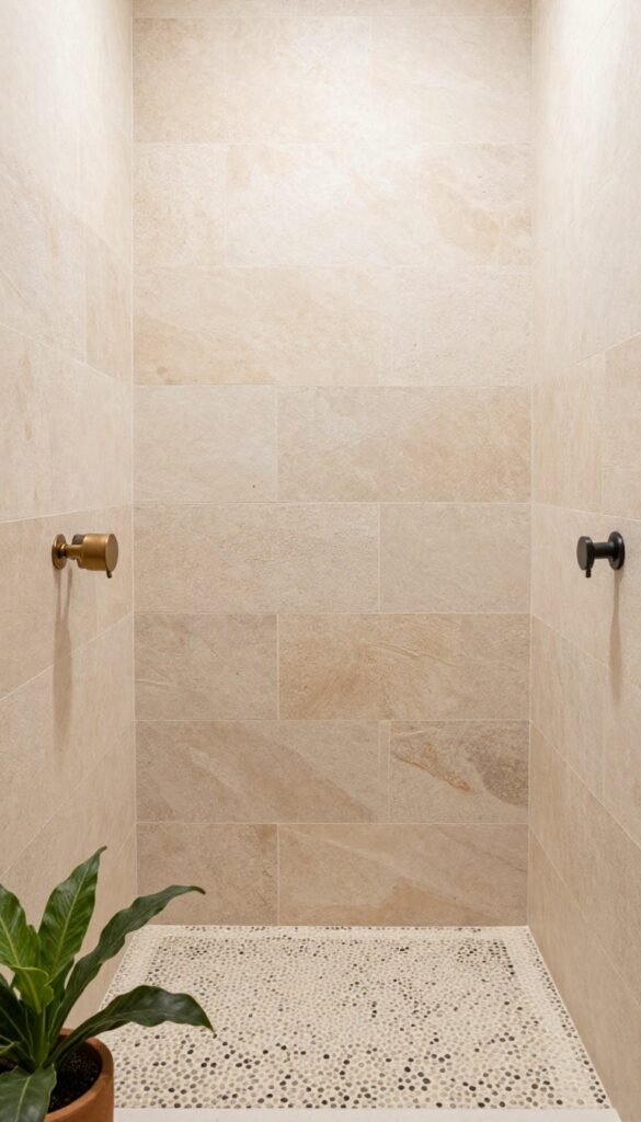 A shower stall with natural stone tiles in earthy tones, featuring a pebble floor and simple fixtures under bright natural light for a spa-like bathroom design.