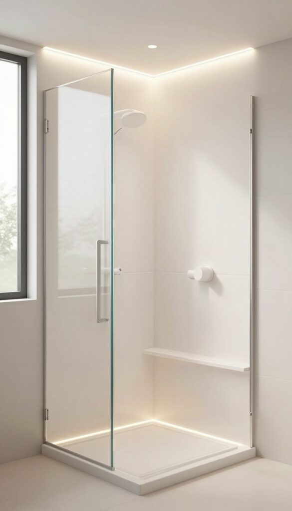 A small walk-in shower with integrated LED strip lighting under a bench and along the wall base, creating a warm and inviting ambiance in a tight bathroom space.