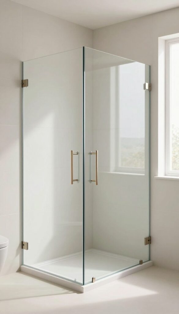 A clear glass shower door with minimal hardware in a modern bathroom, showcasing an open and spacious design with natural lighting.