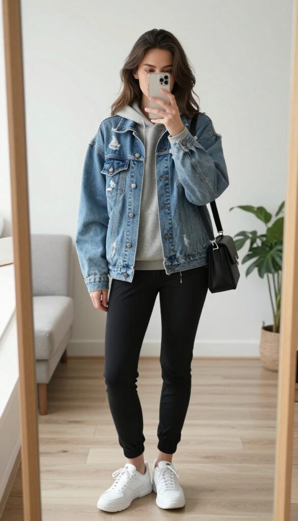 Woman in grey hoodie, black joggers, and light-wash distressed denim jacket taking a mirror selfie. Chunky white sneakers and black crossbody bag complete the look.